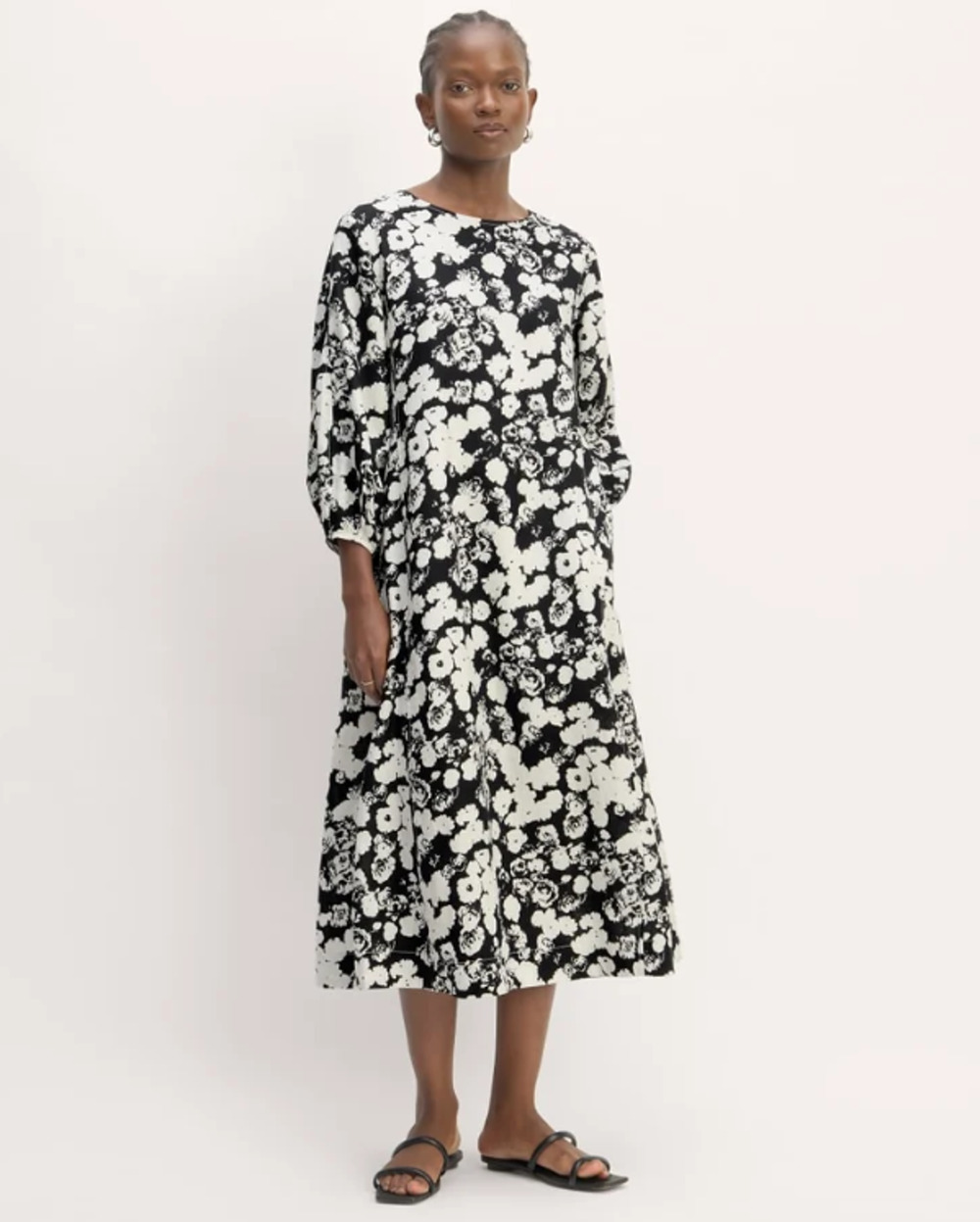 NWT Everlane Linen A-Line Midi Dress Black Bone Floral Long Slv Sz 8 Minimalist